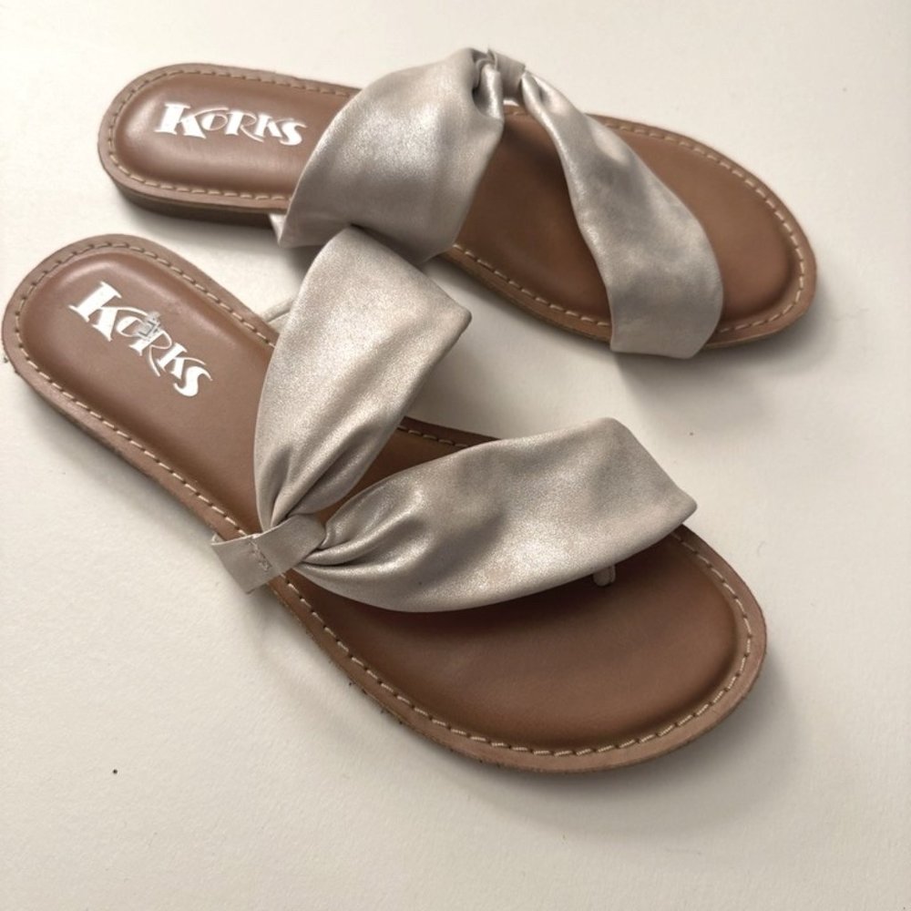 Kork-Ease Silver Satin Twist Strap Brown Footbed Slide Sandals